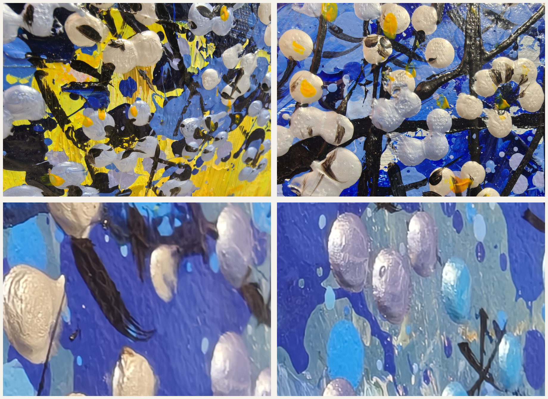 Collage di dettagli delle gocce materiche nelle opere di Je Shen